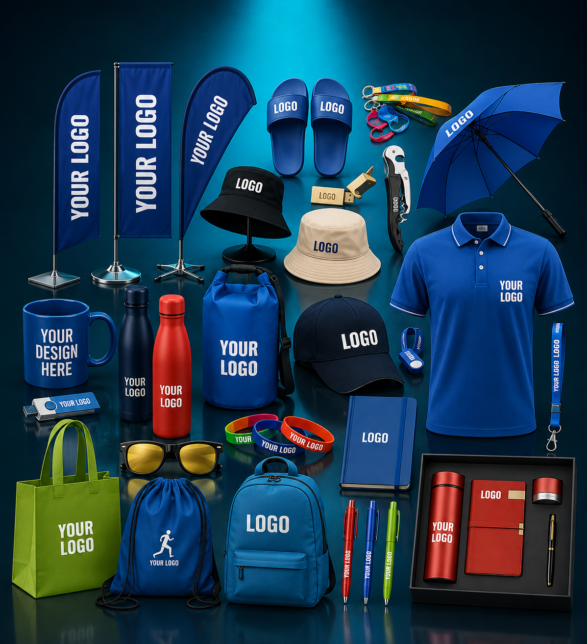 corporate branding promotional items including branded shirts, caps, bags, bottles, mugs, umbrellas and stationery