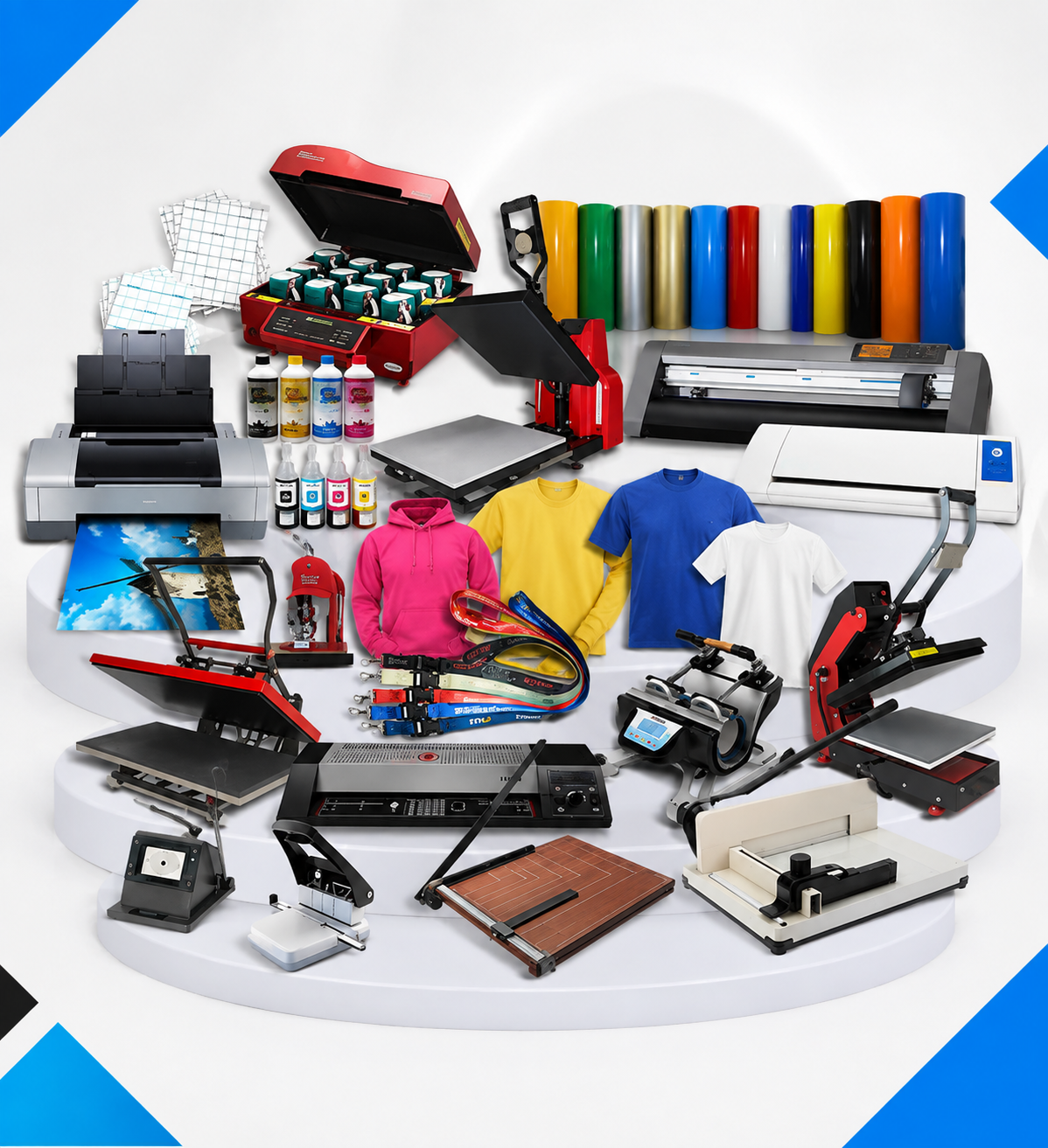 digital printing machines, heat presses, vinyl cutters and printing equipment